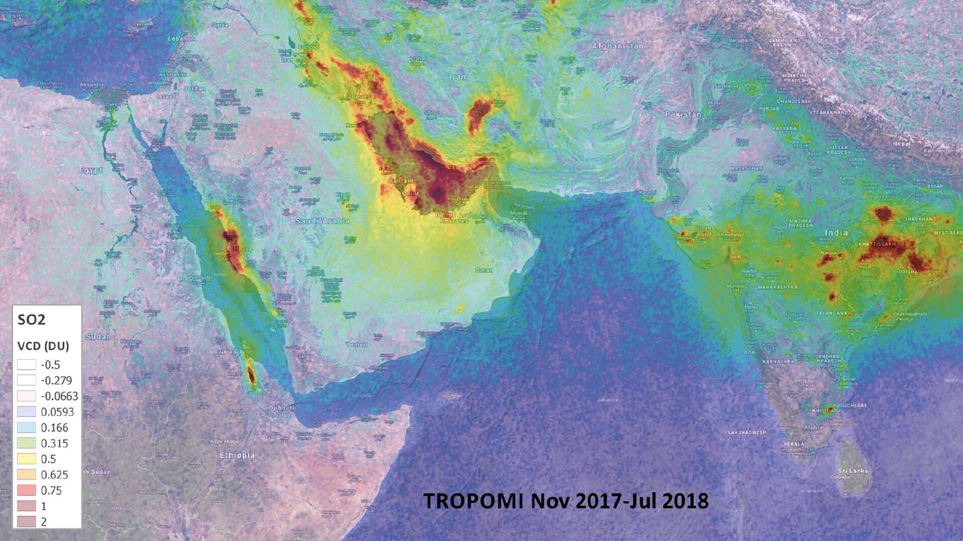 Altas concentraciones de dióxido de azufre sobre el Golfo Pérsico e India entre 2017 y 2018 captadas 11por Sentinel 5-P.