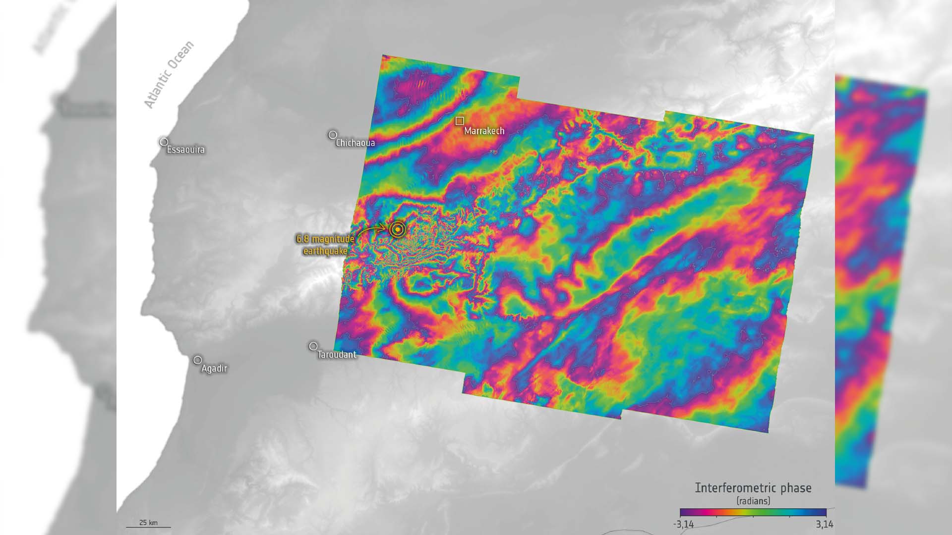 Medición de radar de Sentinel-1 tras el terremoto de Marruecos en septiembre de 2023, usada para analizar cómo se ha desplazado el suelo.