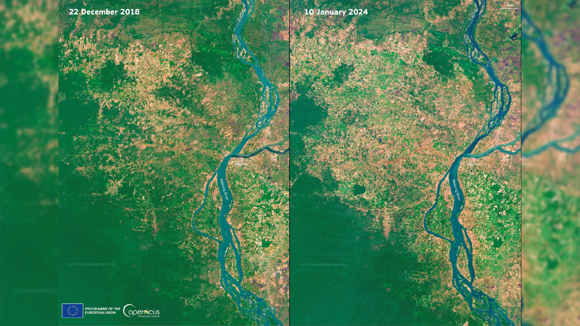 Imagen captada por Sentinel-2 en el que se muestra es cómo la región de Stung Treng, en Camboya, ha sufrido una fuerte deforestación entre 2018 y 2024 - ©  European Union, Copernicus Sentinel-2 imagery - August 2024.